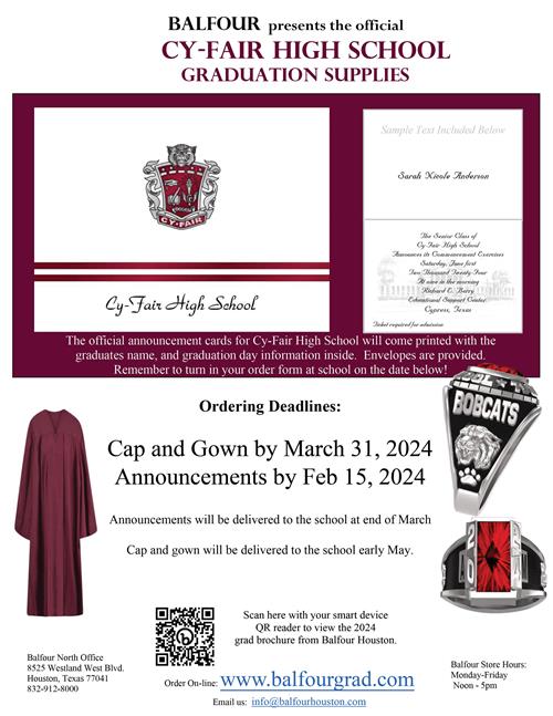 Graduation Cap and gown and announcement ordering information details in PDF below